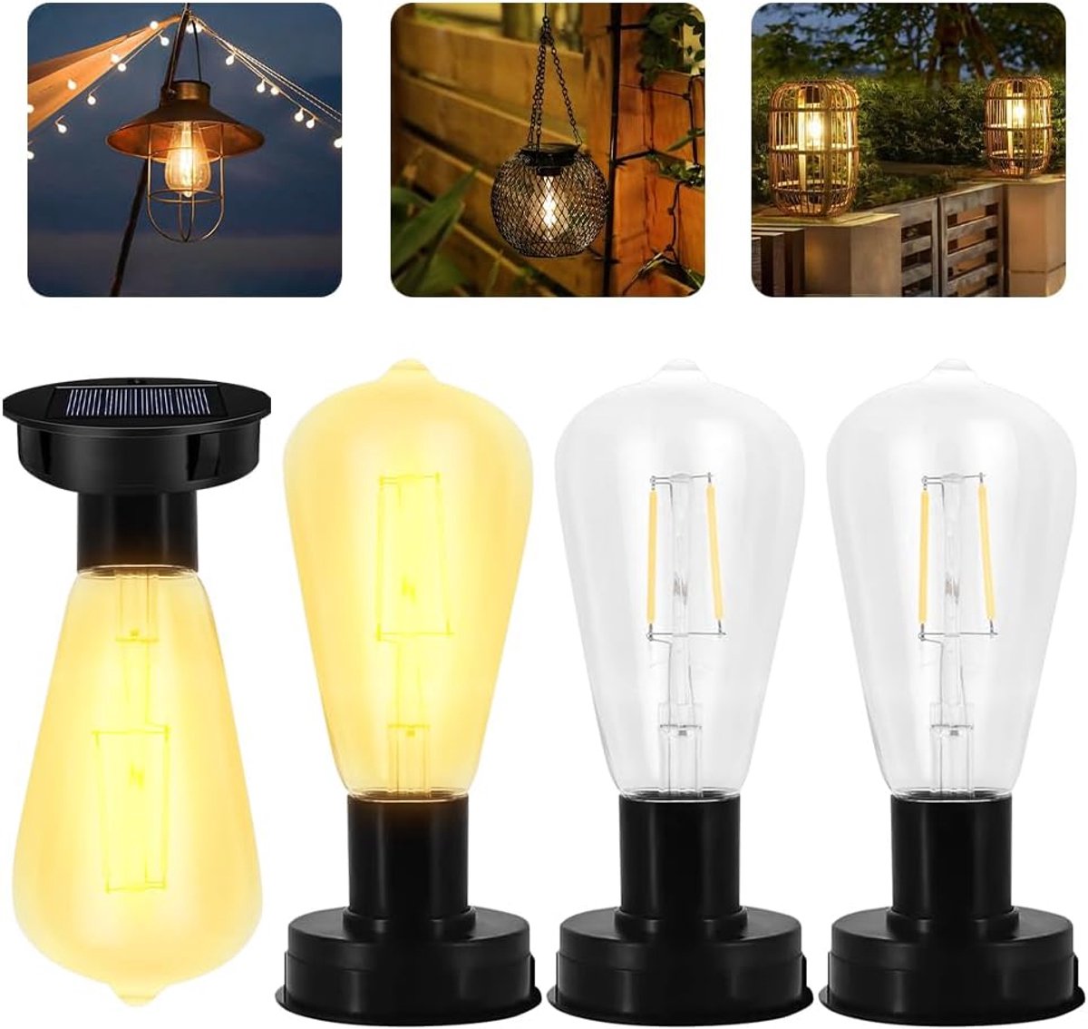 Gloeilampen op zonne-energie voor buiten, 4 stuks 7 cm zonnelampen, vervangende top met heldere ledgloeilamp, weerbestendig, tuinverlichting, reserveonderdelen, led-zonnepaneel, lantaarn, deksel voor