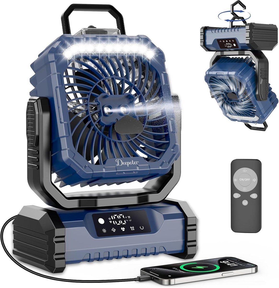 Camping Ventilator met LED Licht - Oplaadbaar 20000mAh - Afstandsbediening - Ophanghaak - USB Bureauventilator voor Outdoor - Blauw