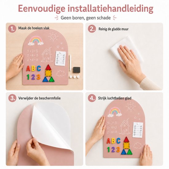 Stappenplan voor het bevestigen van een roze gebogen magneetbord op de muur.