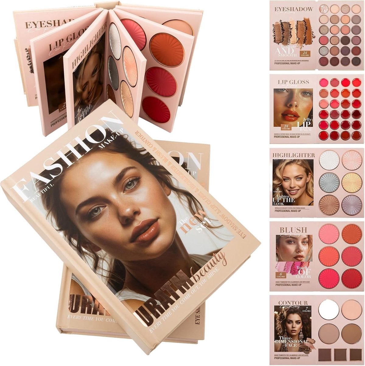 Complete Make-up Set met 24 Oogschaduw Paletten, 24 Lipglosses, 6 Highlighters, 6 Blushers en 7 Contourproducten, Waterproof en Langdurig, Perfect voor Elke Gelegenheid