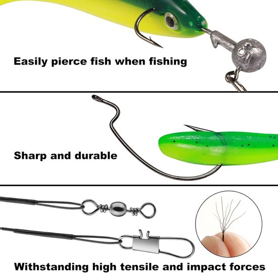 Complete set van 62 rubberen kunstaas met jigkoppen, offset haken en stalen leaders - T-tail kunstaas voor snoek, zander, baars en forel, ideaal voor zoetwatervissen — afbeelding 4