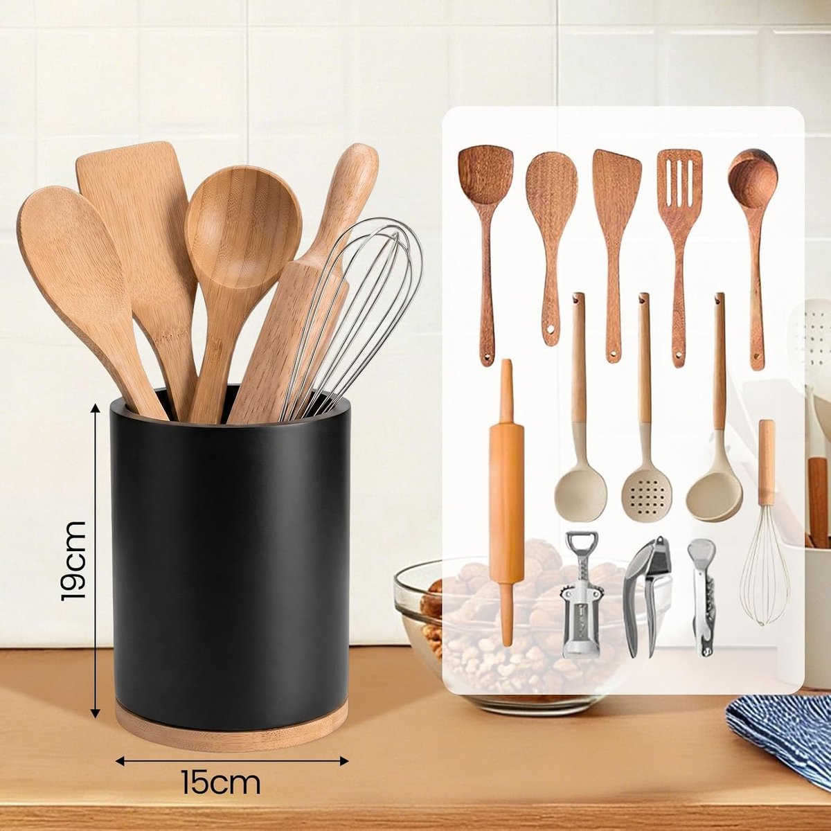 Roterende Keukenhulpmiddelen Houder van Hout en Bamboe voor Werkblad - Rond Bestekhouder en Opslag voor 10-15 Keukenaccessoires, Waterdicht en Stijlvol Design