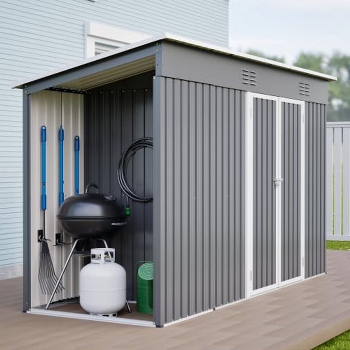 Metalen gereedschapsschuur - Tuinkast fietsenstalling - Opbergen buiten - Dubbele deur slot - 311x123x181 cm - Grijs
