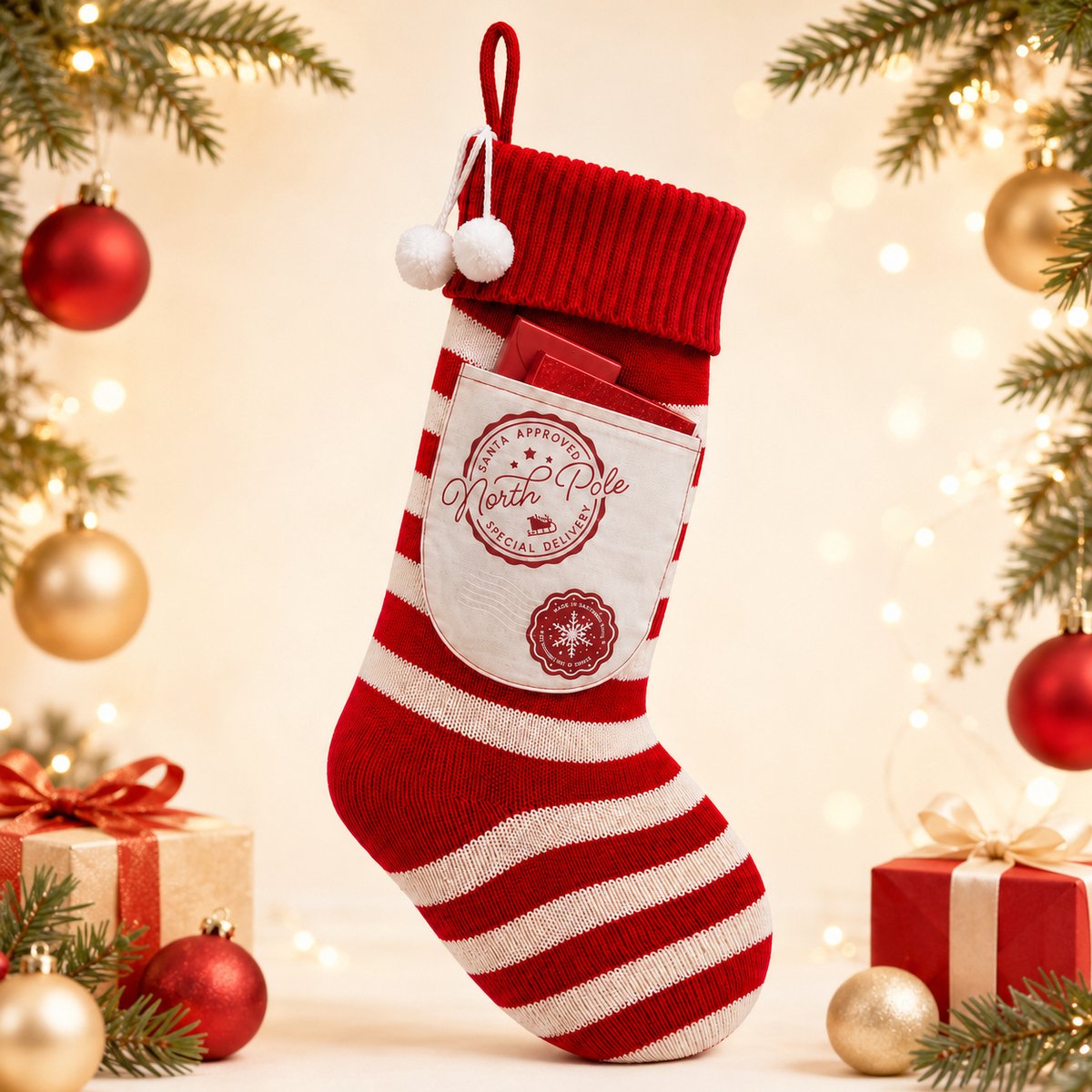 Kerstsok XL – 52 x 24 cm – Rood/Wit Gestreept – Gebreide Kerstsok met Cadeauvak en Pompons – Santa Approved