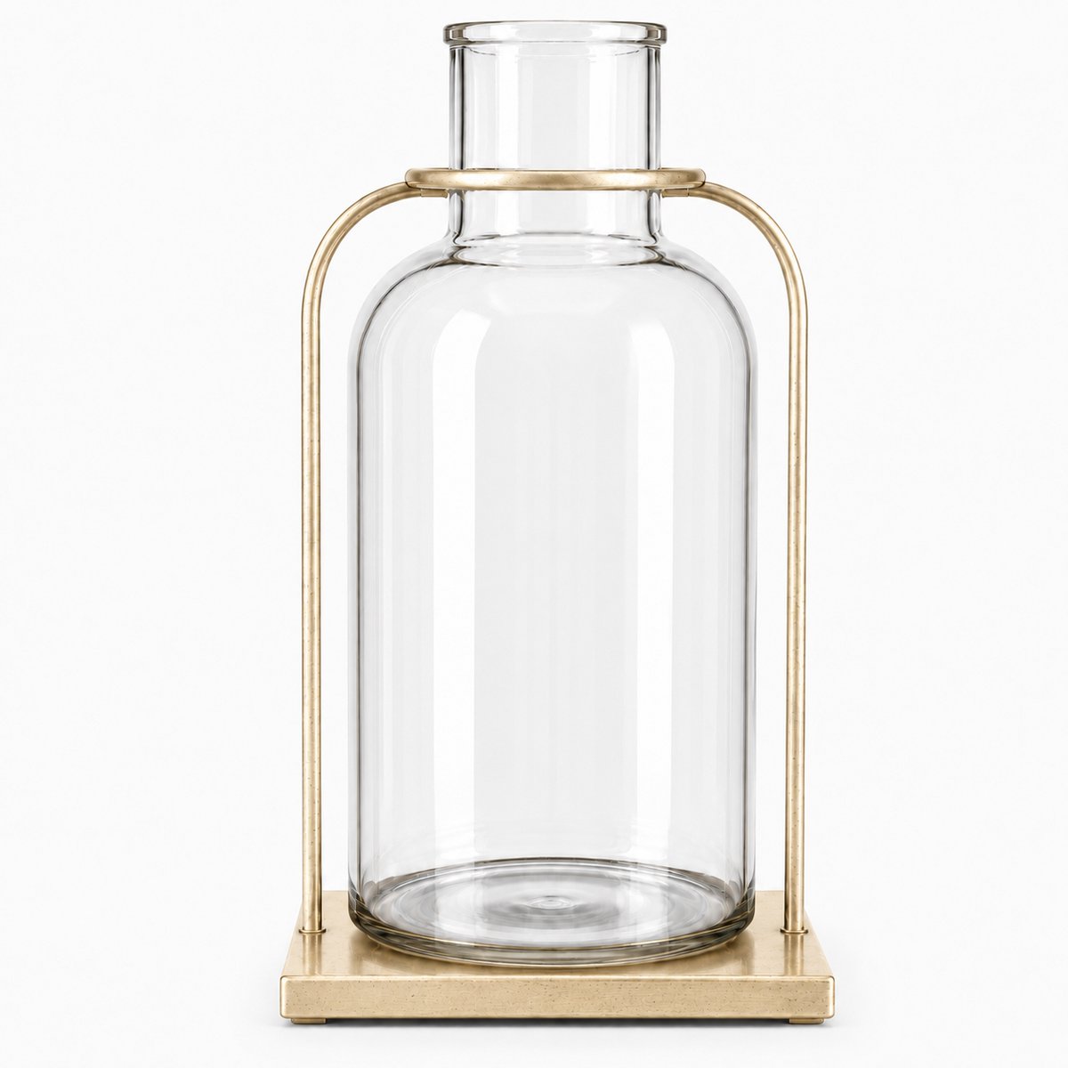 Benza – Vintage Glazen Vaas met Goudkleurig Metalen Frame – 16 x 16 x 28 cm – Transparante Flesvaas voor Droogbloemen en Woondecoratie