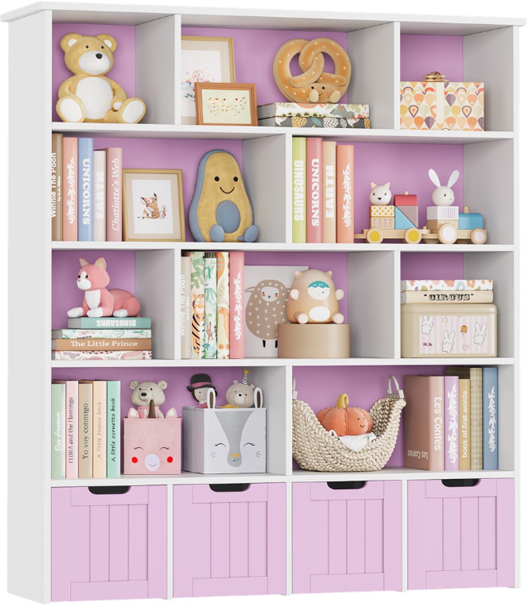 Kinder Boekenkast met Speelgoedopslag – Voor Kinderkamer en Speelkamer – 11 Planken en 4 Ladebakken op Wielen – Wit Hout 125,5x33x146 cm