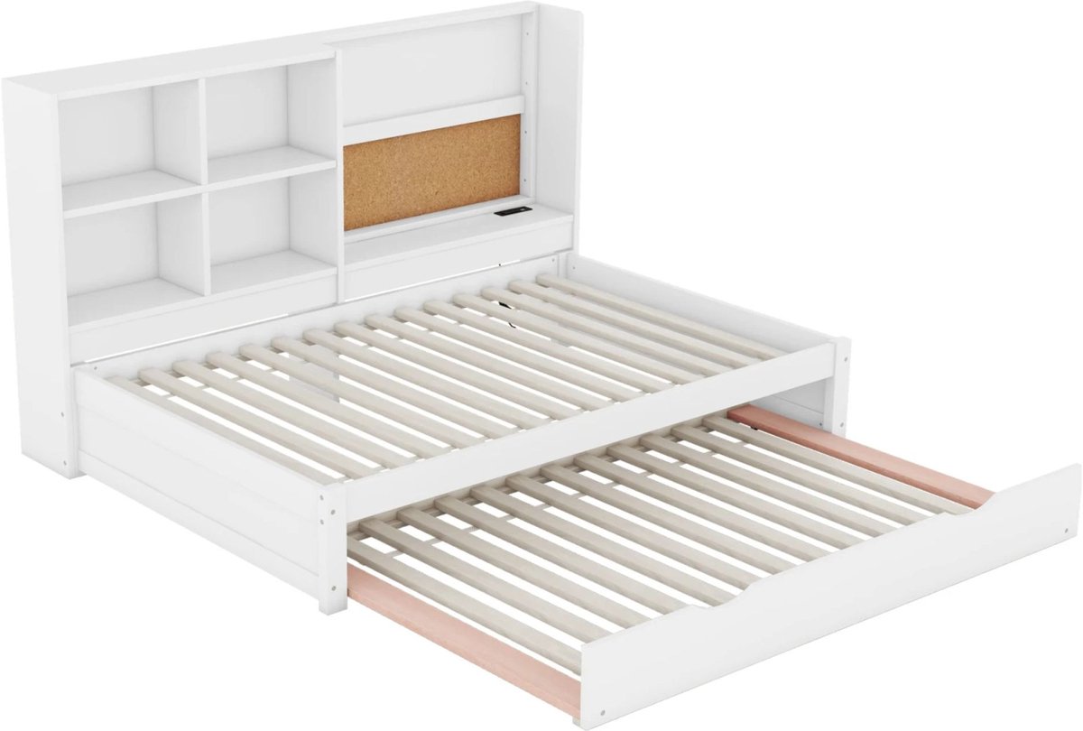 Happiq Slaapbank 200x90 cm Wit – Uitschuifbaar Bed met Uitschuifbaar en USB