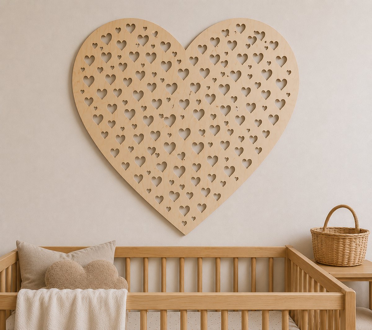 Houten Hart Wanddecoratie met Uitgesneden Hartjes | 50 x 50 cm | 5 mm Multiplex | Moderne Muurdecoratie | Natuurlijke Houtkleur/ babykamer/ baby