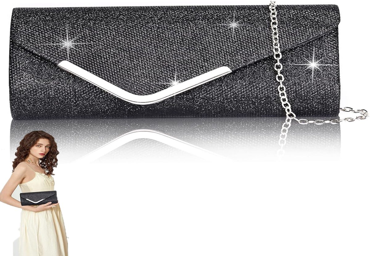 KZQ Glinsterende sequin envelop clutch voor dames - Avondtas met afneembare ketting - Perfect voor bruiloft feest gala en banket - Zwart