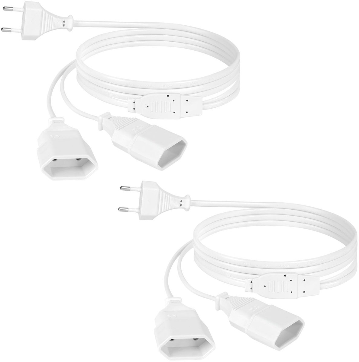 2-pack Verlengkabel 2 Meter Wit voor EU-Stekker - 2-in-1 Computer & TV Stroomverlengsnoer
