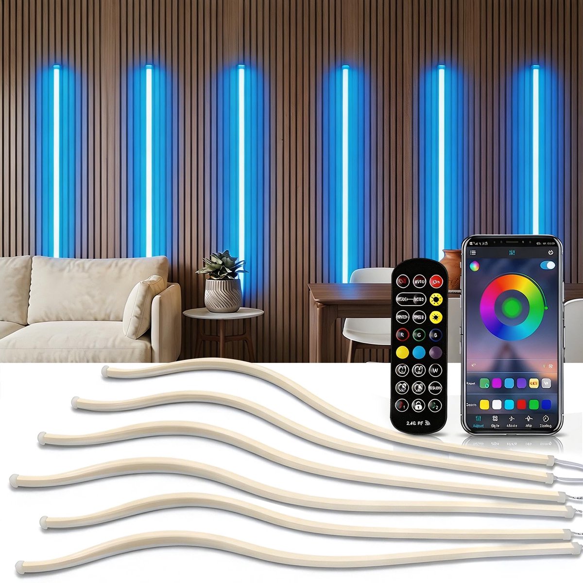 SnelShoppen - Dimbare RGB-LED Verlichting voor Akoestische Panelen, Op Maat te Snijden, 6 Strips van 100 cm, Met Muzieksynchronisatie en Afstandsbedie
