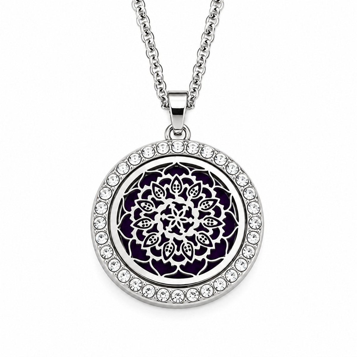 Lange zilverkleurige stalen damescollier geurketting met hanger rond medaillon locket mandala motief met pads voor parfum of geurolie
