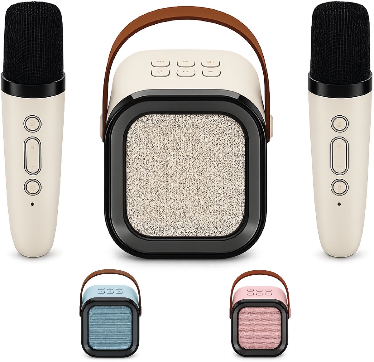 DUTCHPOWER Karaoke Set met 2 Draadloze Microfoons - Beige - Bluetooth 5.3 Speaker - USB-C Oplaadbaar - LED Lichteffecten