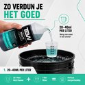 Een hand schenkt een blauwe vloeistof uit een 1L fles TSW Multi Cleaner in een maatbeker. Ernaast een zwarte emmer met water.
