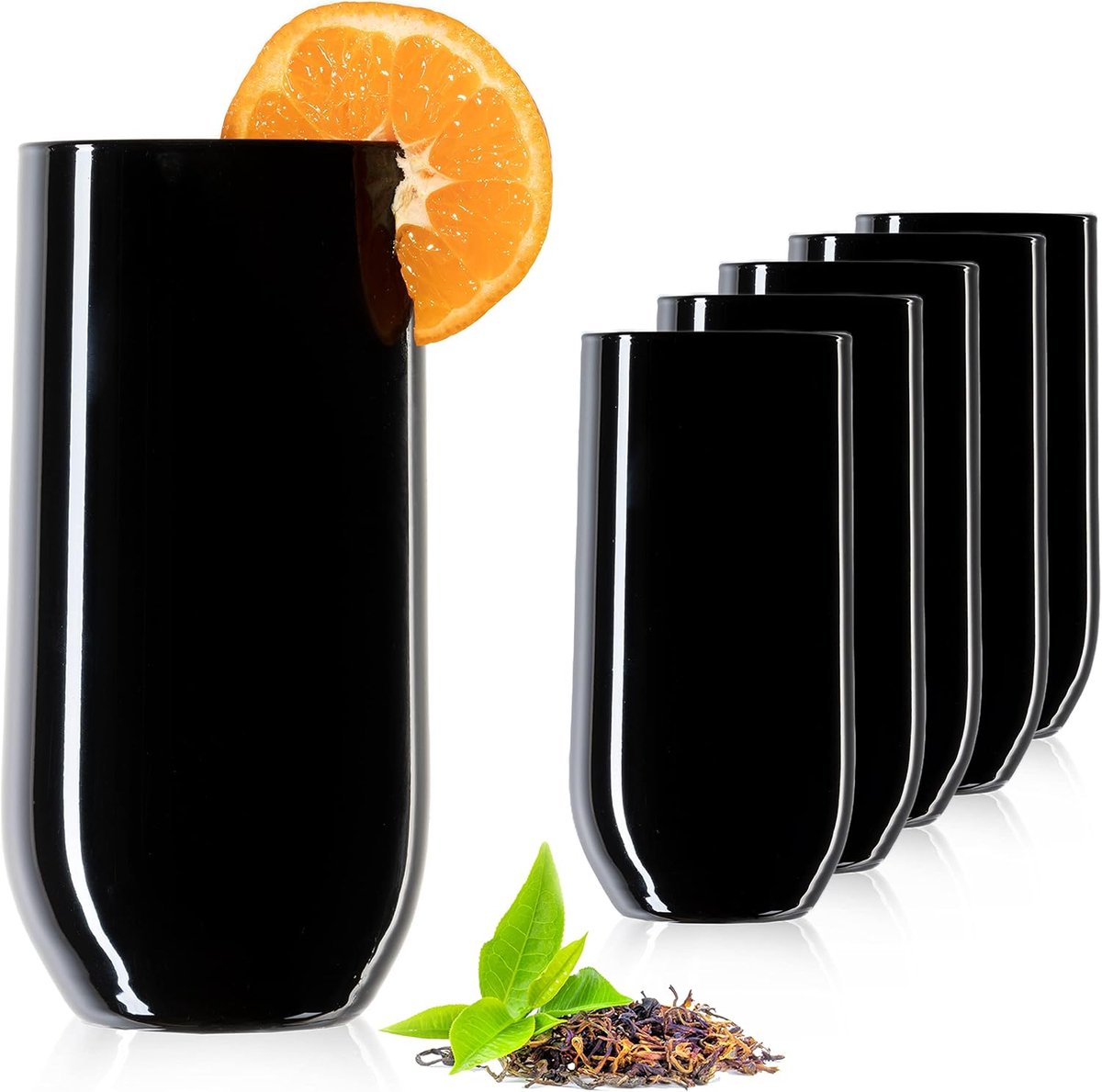 Zwarte elegante 440 ml water- en sapglazen, 6-pcs