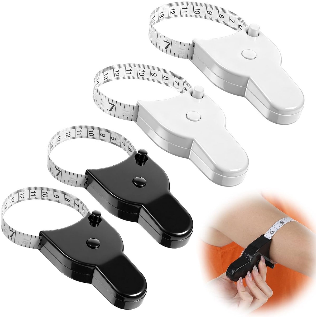 4 stuks lichaamsmeetlint, 150 cm perfecte lichaamsmeetlint met vergrendelingsmechanisme en drukknop, automatische lichaamsmeetlinten voor fitness en kleermakerij (wit zwart)