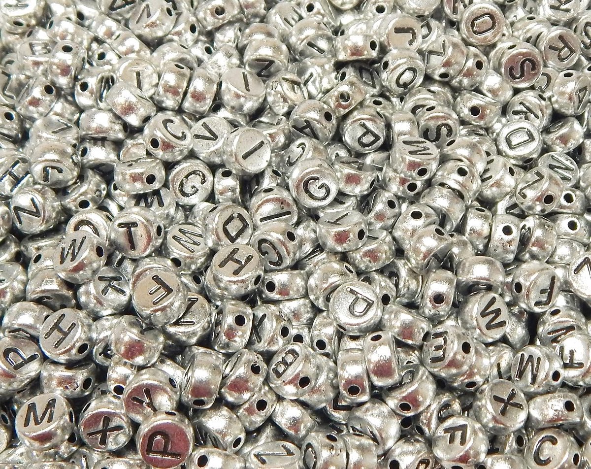 Kralen, kunststof letters, zilveren kralen met zwarte letters A-Z, 7 mm, ronde kralen voor armband, choker, sieraden of ander handwerk