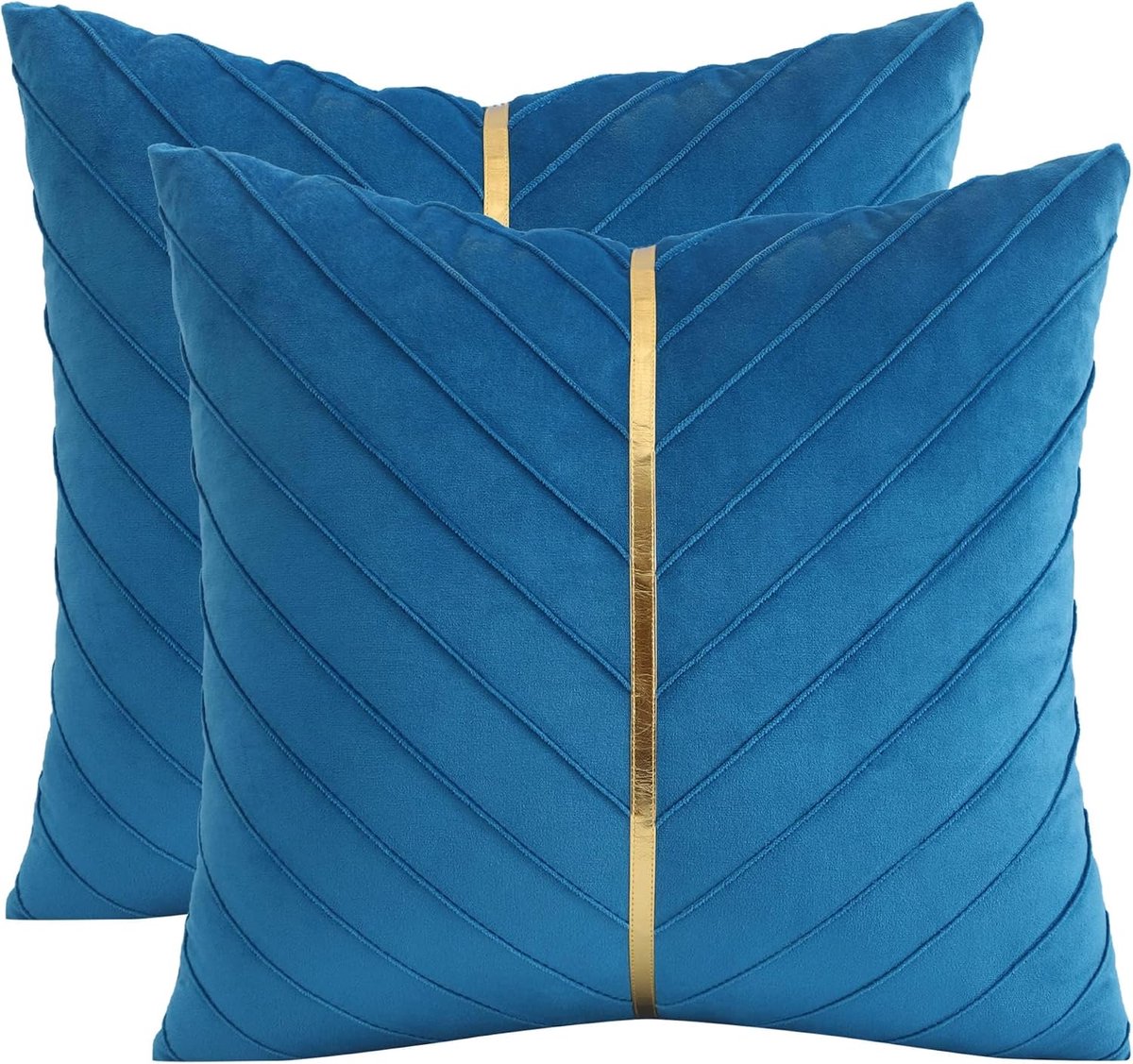 Lake Blue Velvet sierkussenhoezen 45x45 cm (18x18 inch) set van 2 met goudkleurig leren decoratieve kussensloppen luxe moderne kussenhoes voor woonkamer slaapkamer bank kussen bed