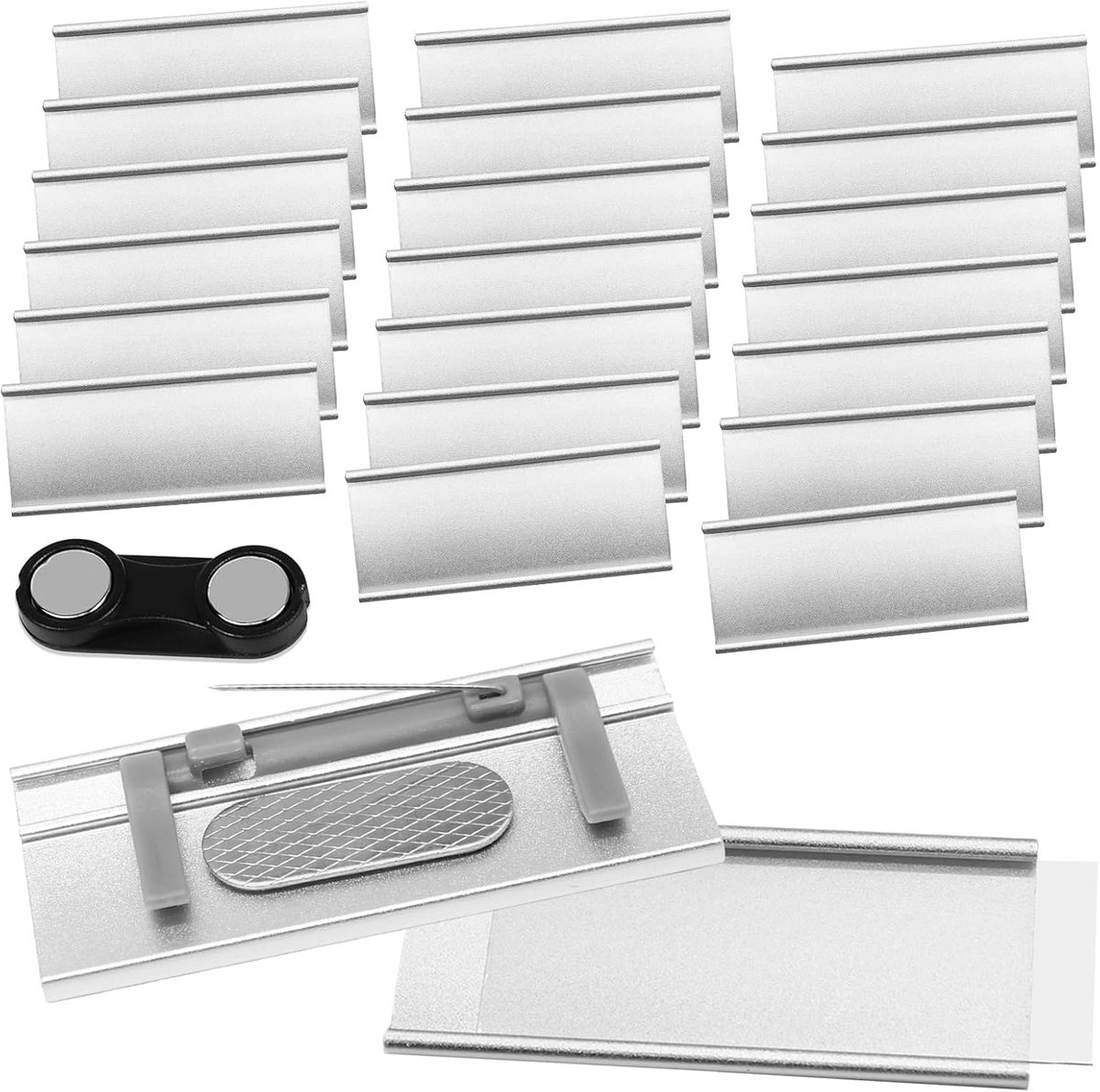 Naambordjes voor kleding, magneet, 20 stuks naambordjes, magnetisch, aluminium naambordje met sterke dubbele magneet en papiersleuf, voor werk, tentoonstelling, school en evenementen (70 x 32 mm)