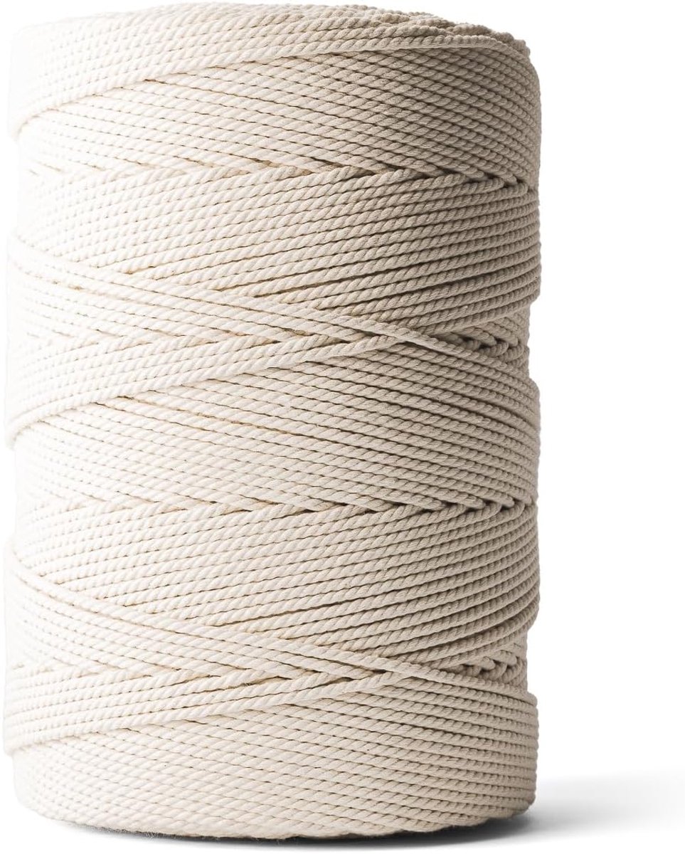 Macramétouw (3mm, XL rol 500M, natuur) - Dubbel getwist touw van 100% gerecycleerd katoen voor creatieve knutselprojecten - 500M in één stuk