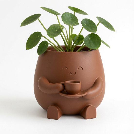 Pot de fleurs marron avec un visage souriant, des bras tenant une tasse et une plante à feuilles rondes.