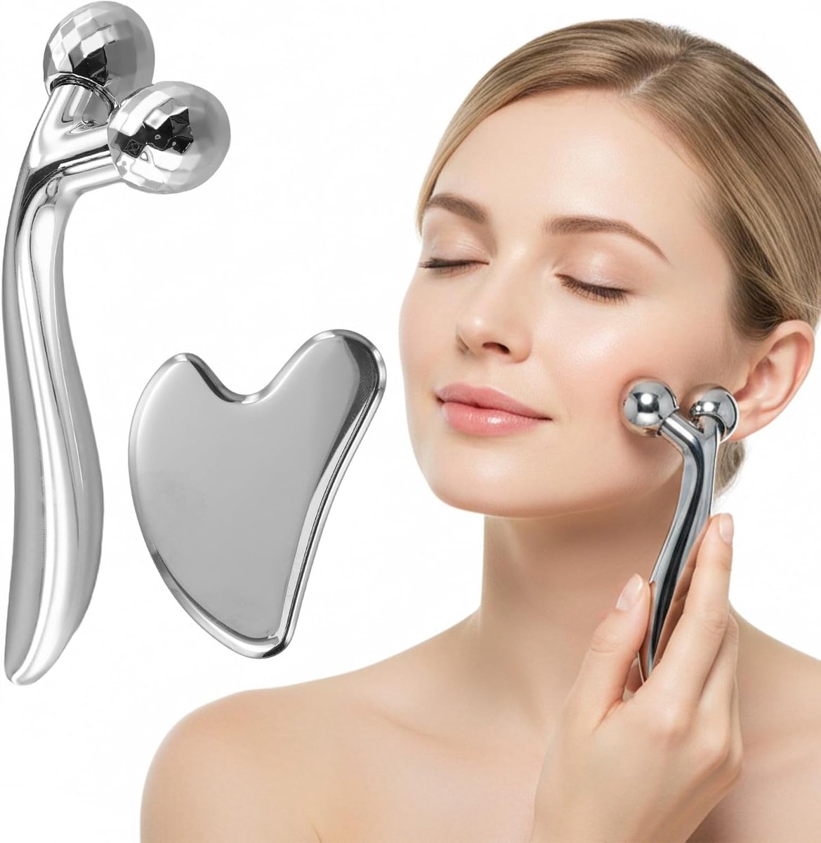 stalen Gua Sha en Facial Roller, 3D-gezichtsmassageapparaat, 2-in-1 massagekit voor gezichts- en lichaamsverzorging, 3D-gezichtsroller voor anti-rimpel en spierontspanning