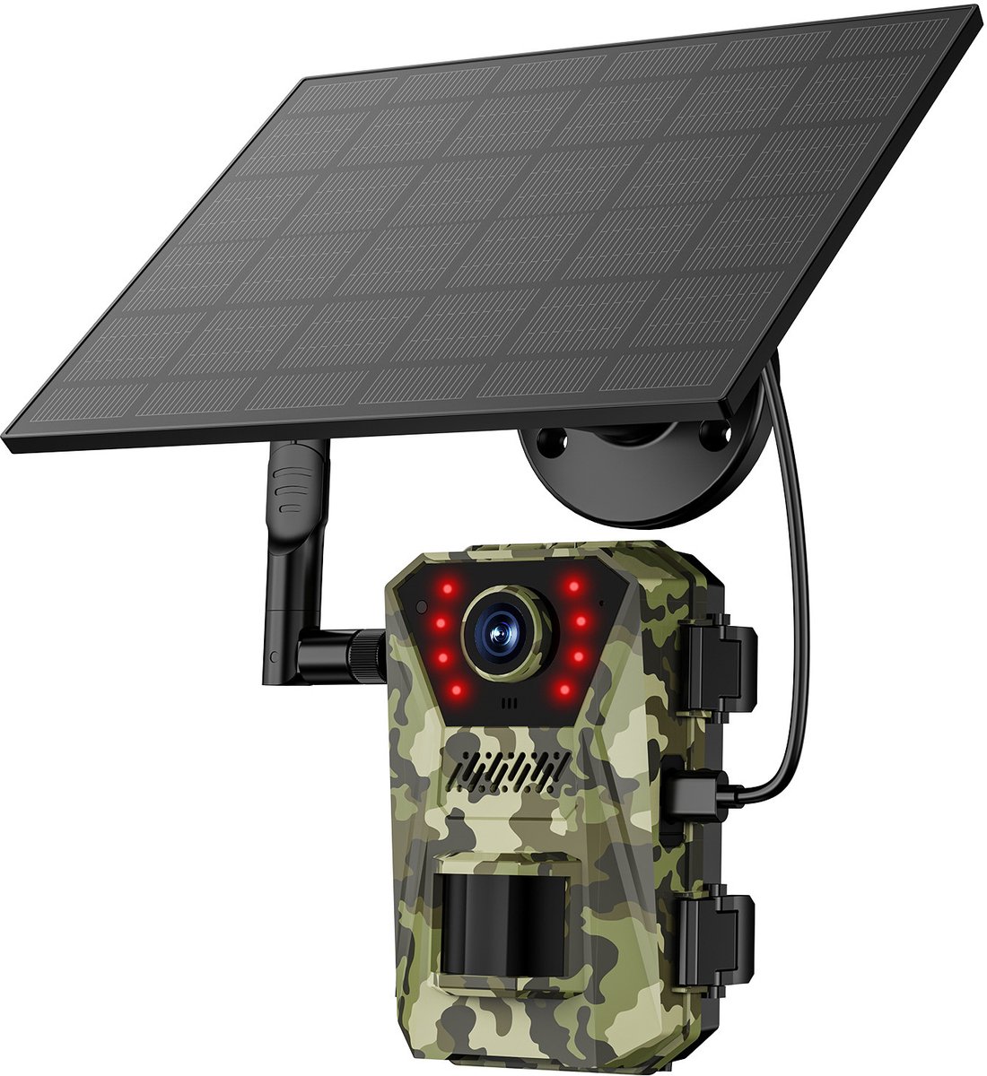 4G-wildcamera met zonnepaneel | 4K-camera, nachtzicht, activeringssnelheid van 0,3 seconde, waterdicht volgens IP66, foto’s van 14 miljoen pixels, bewegingsdetectie, bewakingscamera voor buiten