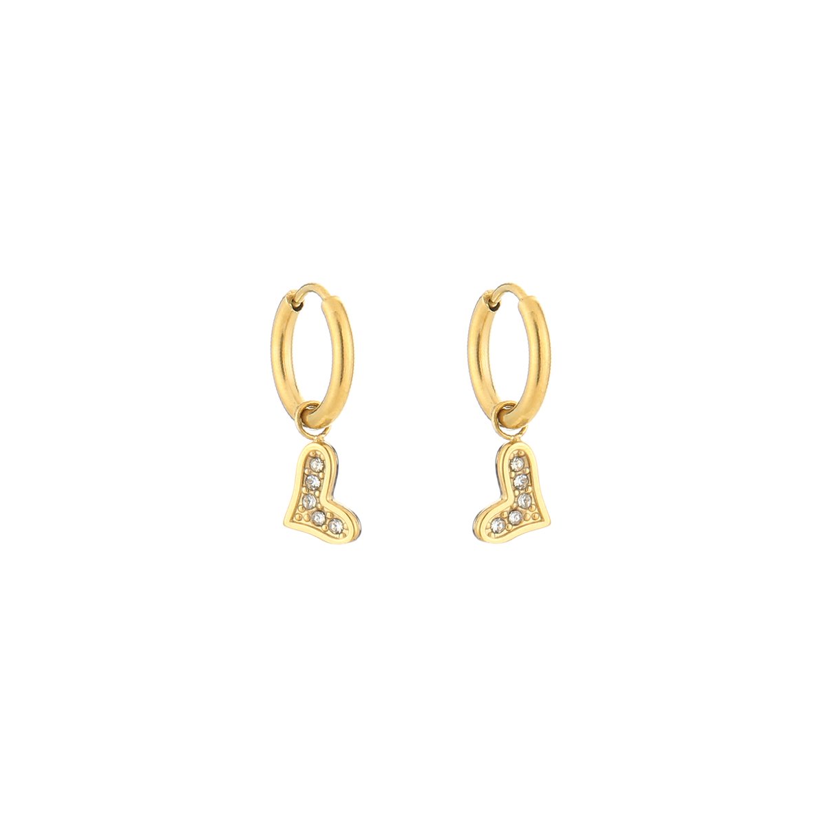 Stainless Steel Huggie Hoops with Pavé Zirconia Heart Charm – Luxe Huggie Oorringen met Pavé Zirkonia Hartje – RVS - Goud