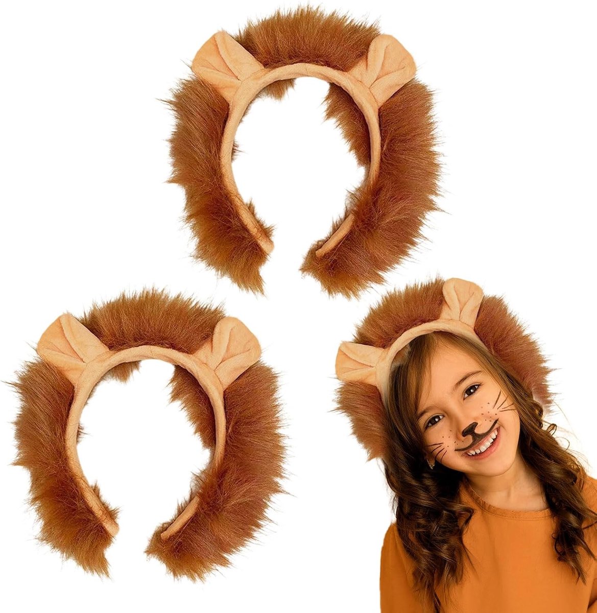 Set van 2 Leeuwenkopbanden met Dierlijke Oren en Pluche Manen voor Kinderen en Volwassenen, Perfect voor Themafeesten en Kostuums