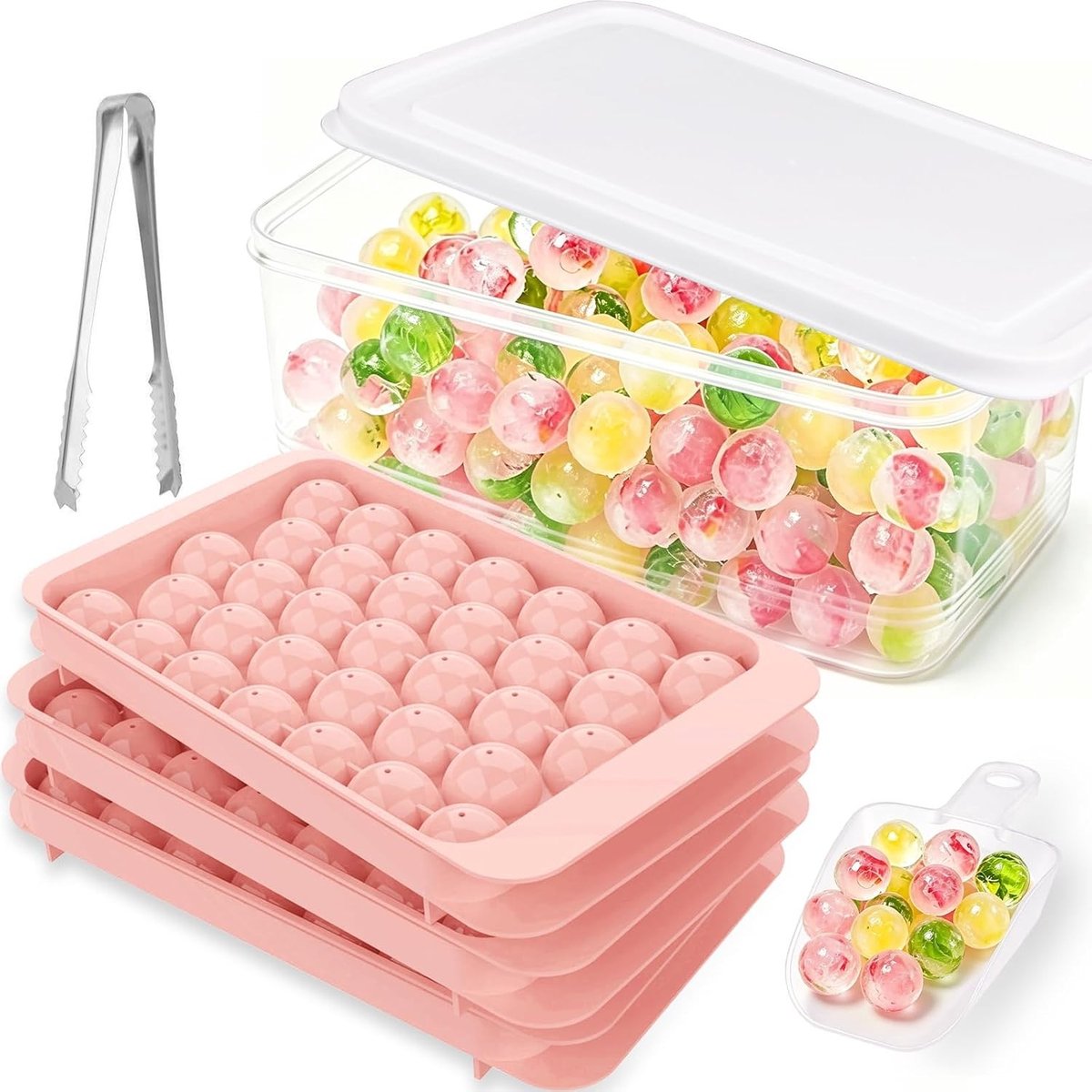 Set van 3 IJsbalvormen met Deksel, 99 Compartimenten, Perfect voor Verfrissende Dranken, Inclusief IJscontainer, Lepel en IJslepels, Ideaal voor Zomerfeestjes