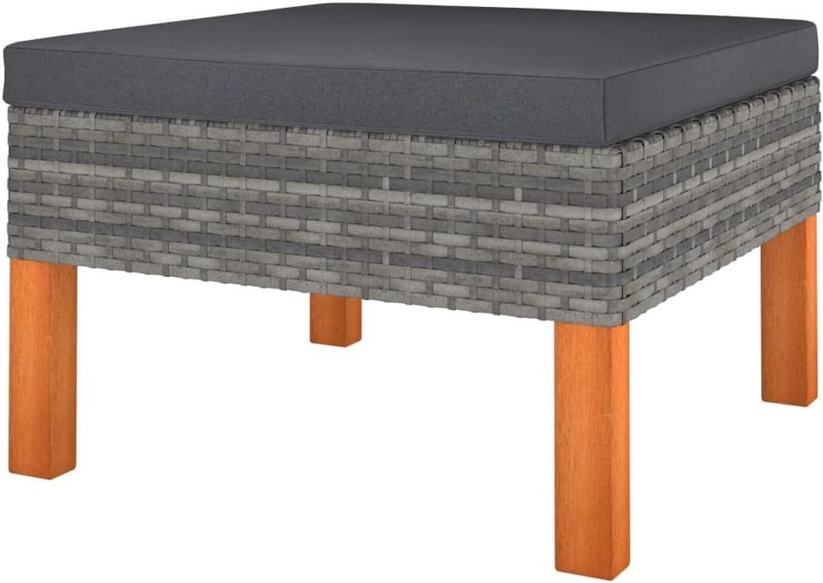 Voetkruk polyrotan - Outdoor poef - Buiten ontspannen - Massief houten poten - 60x60x32 cm - Grijs