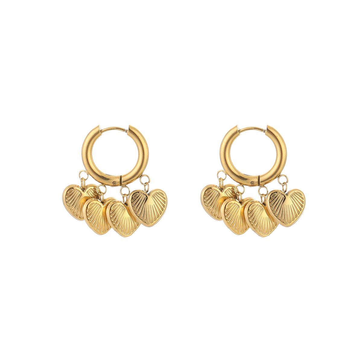 Stainless Steel Multi Heart Charm Hoops with Ribbed Detail – Luxe Multi-Hart Bedel Oorringen met Geribbeld Motief – RVS - Goud