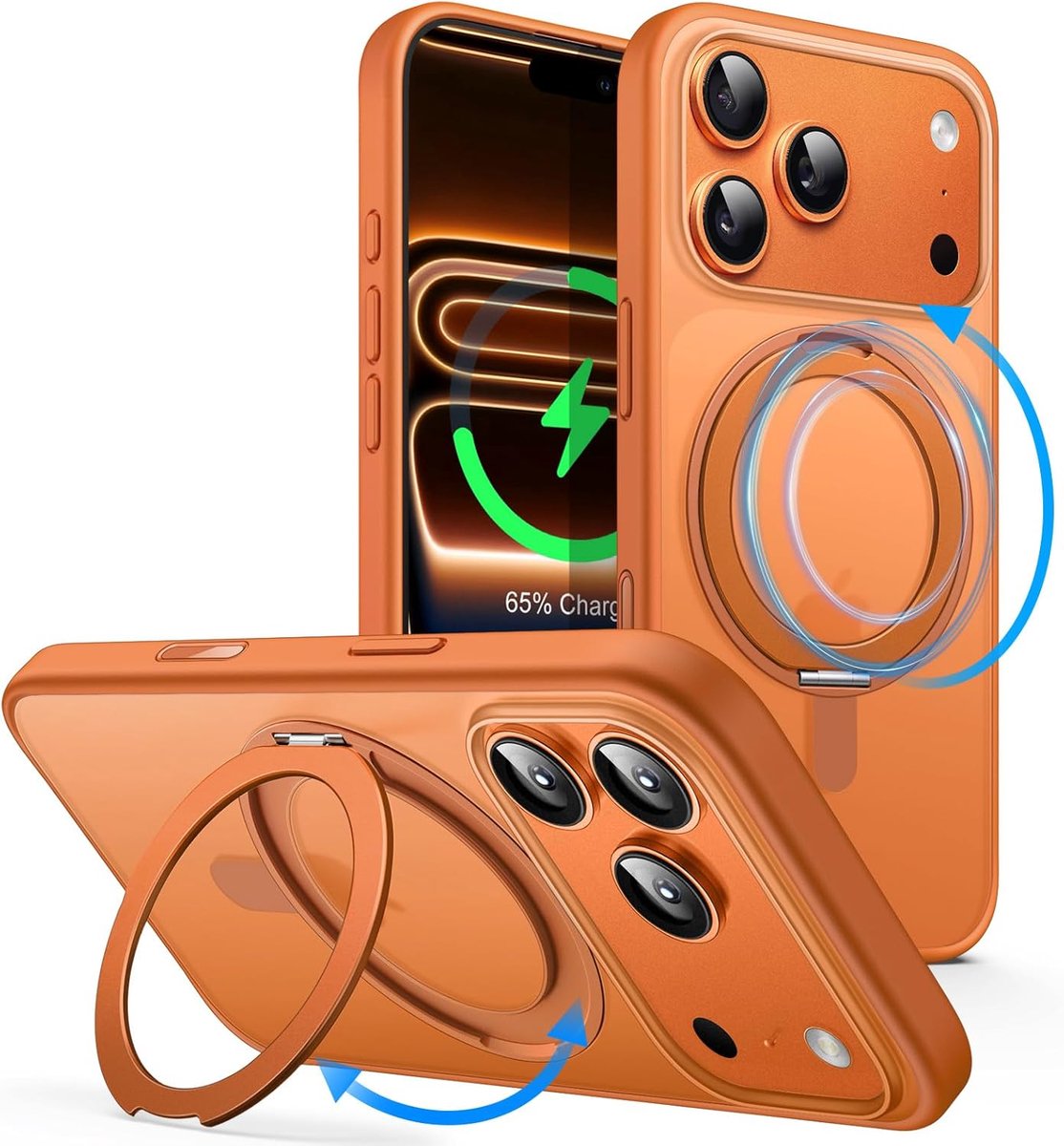 Reovo Hoesje geschikt voor iPhone 17 Pro MagSafe - 360° Draaibare Stand - Valbescherming 2m - Oranje - Anti-Slip Grip - Camera Bescherming