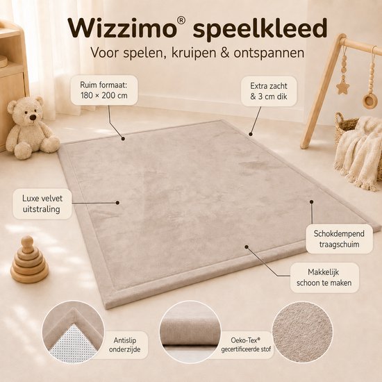 Wizzimo® Baby speelkleed - 180x200 - Speelkleed kinderen - Extra dik traagschuim 3 cm - Sand Beige - Anti slip — afbeelding 2