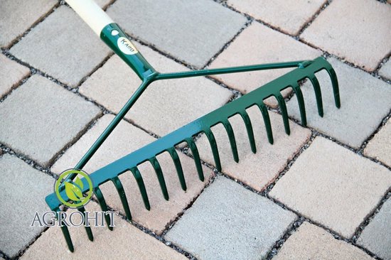 Bladhark met steel - Tuinhark gazonhark - Bladeren opruimen - 16 metalen tanden - 130 cm steel - Groen — afbeelding 2