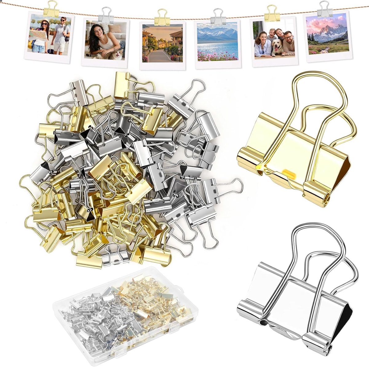 100 stuks foldback klemmen, 19 mm papierklemmen metaal, goud en zilver, herbruikbare multifunctionele klemmen met opbergdoos, kleine set voor briefpapier, papier, kantoorbenodigdheden