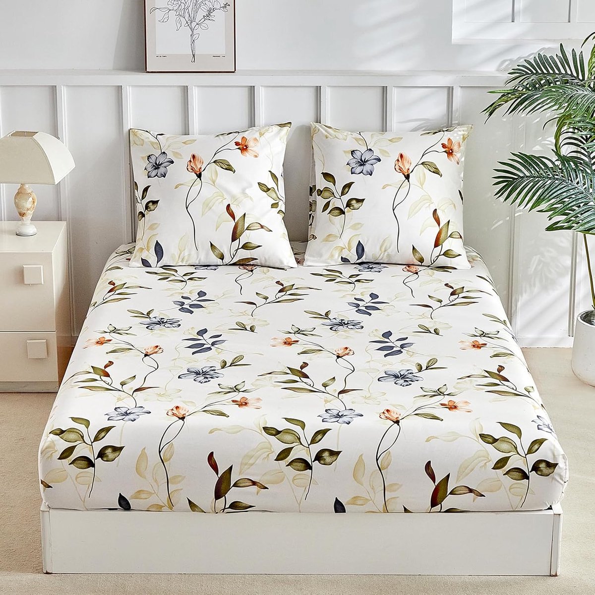 Hoeslaken 160 x 200 cm, beige, herfst- en bladpatroon, 35 cm diepe zak, met 2 kussenslopen 80 x 80 cm met ritssluiting