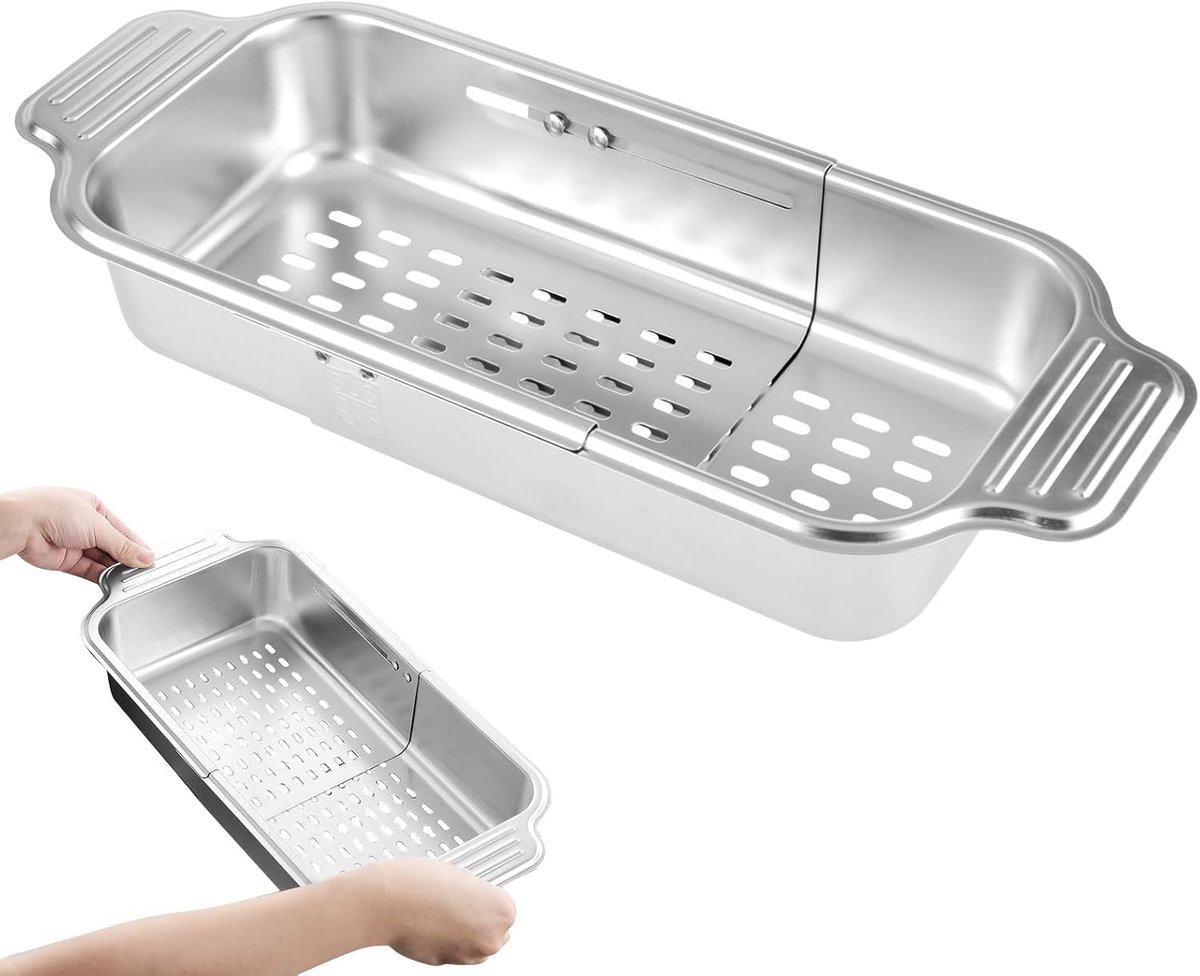 zeef voor de gootsteen, roestvrij staal, keukenorganizer, variabele zeefmand voor het wassen van groenten en fruit en het afgieten van pasta, campingservies