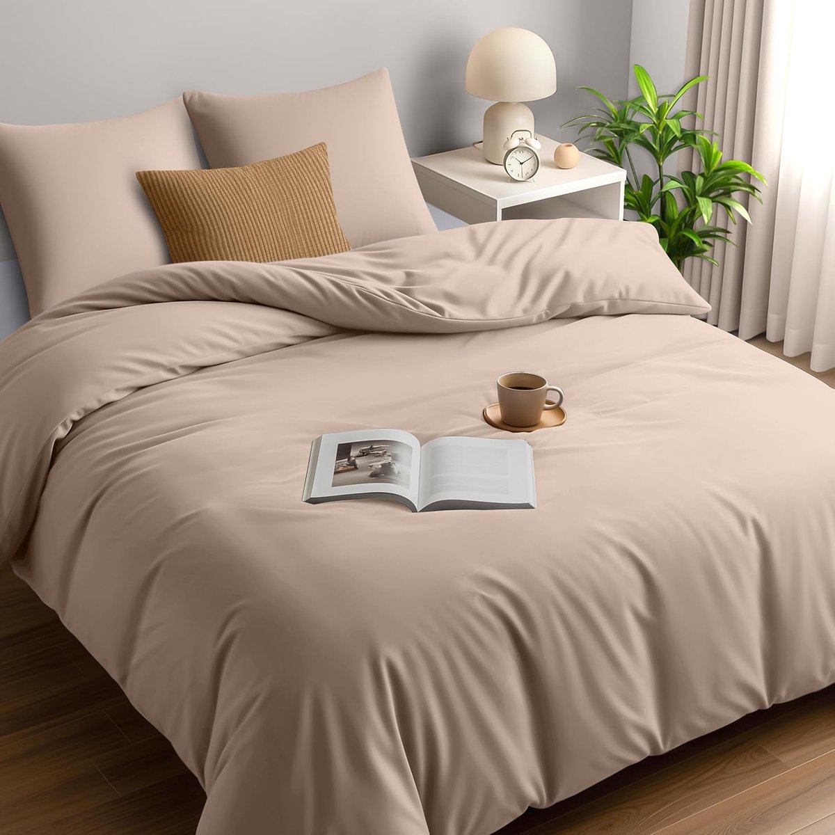 Bedding Dekbedovertrek Set - Zachte Microvezel Dekbedovertrek 260x240cm met Kussenslopen 65x65cm - Beddengoed Dekbedovertrek Set - Beige