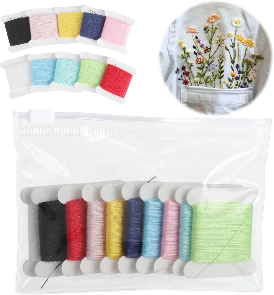 set van 10 kleuren, scheurvast naaigaren met geringe rek, borduurgaren set voor handnaaien en naaimachine, veelzijdig reparatiegaren voor het stoppen, naaien en repareren van