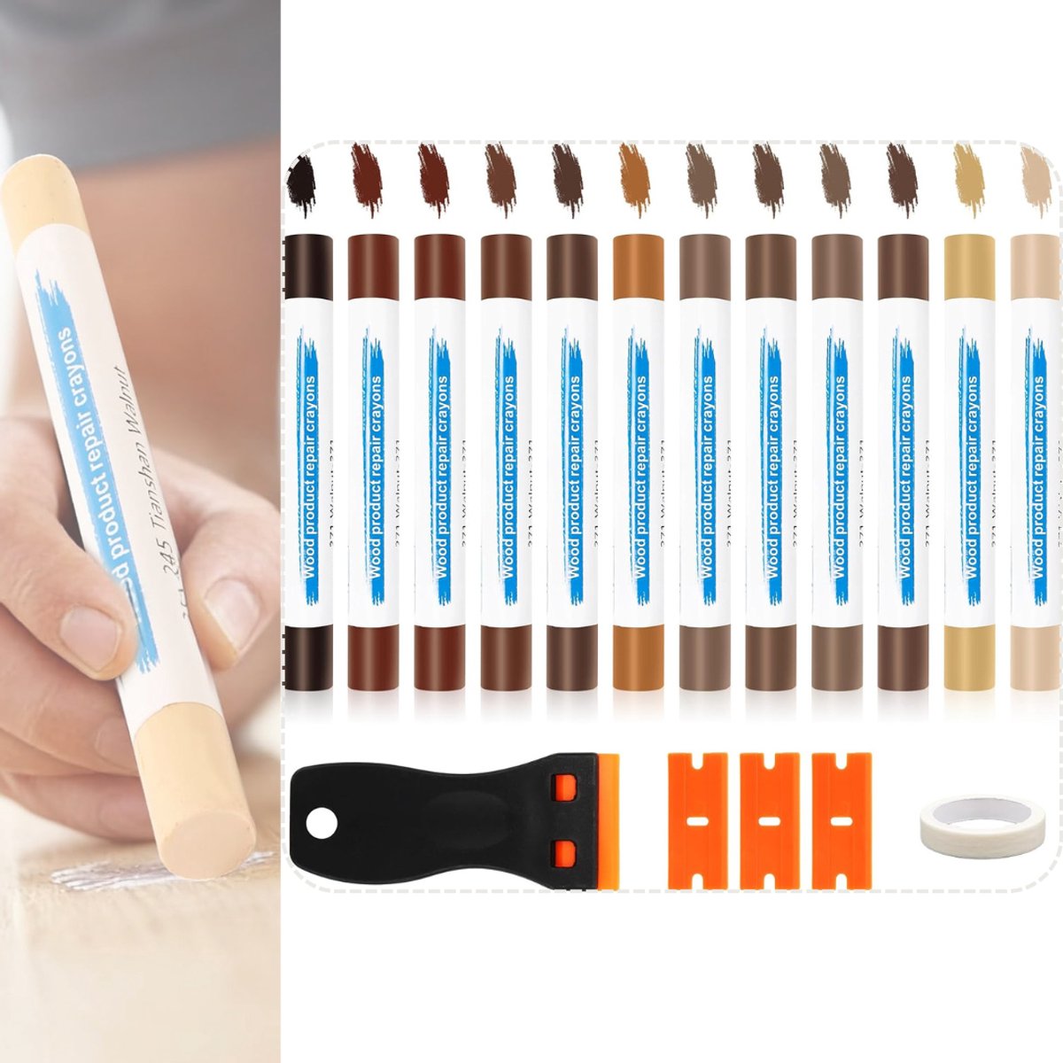 Zavio® Laminaat Reparatieset - Laminaatvuller - Vuller - Stiften Set - 12 kleuren