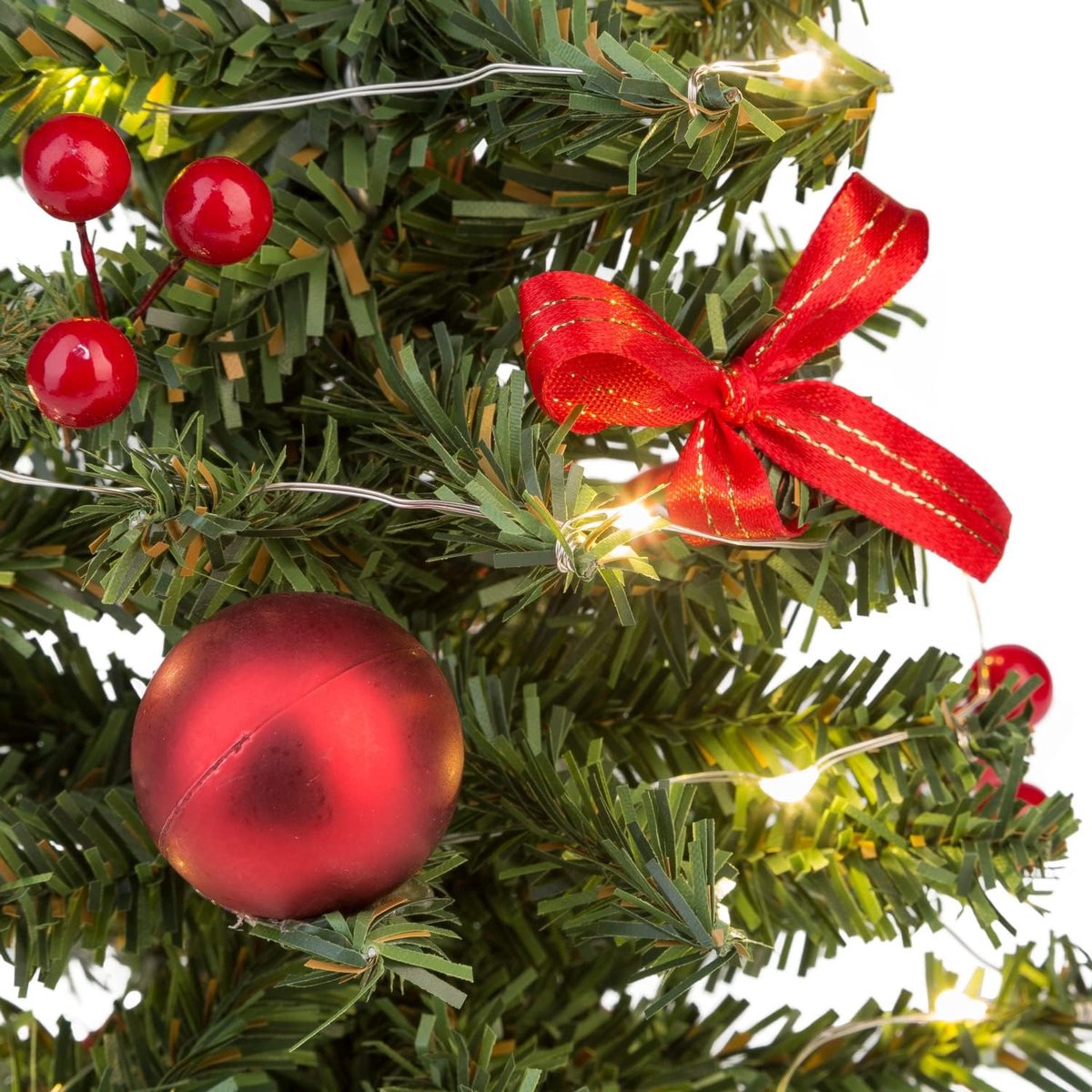 31486 - Decoratieve kerstboom met 20 leds in warm wit, ca. 25 cm hoog, met rode boomversiering in pot en USB-aansluiting, decoratie voor binnen, als winter-, advents- en kerstdecoratie