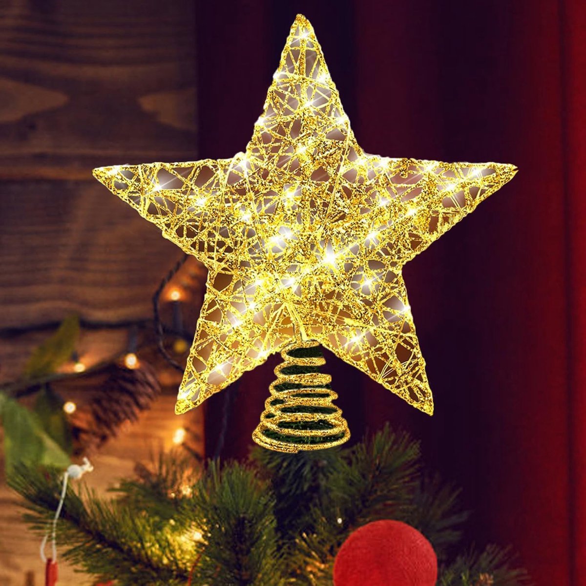 Kerstboompiek in de vorm van een ster, met 10 LED, kerstboom topper, kerstboom ster speciaal voor kerstdecoratie