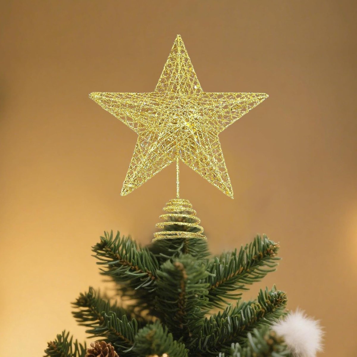 ster, goud, 20 cm, glitter, boompiek, kerstdecoratie, ster voor kerstboom, dennenboompiek, metalen punten, ster topper decoratie