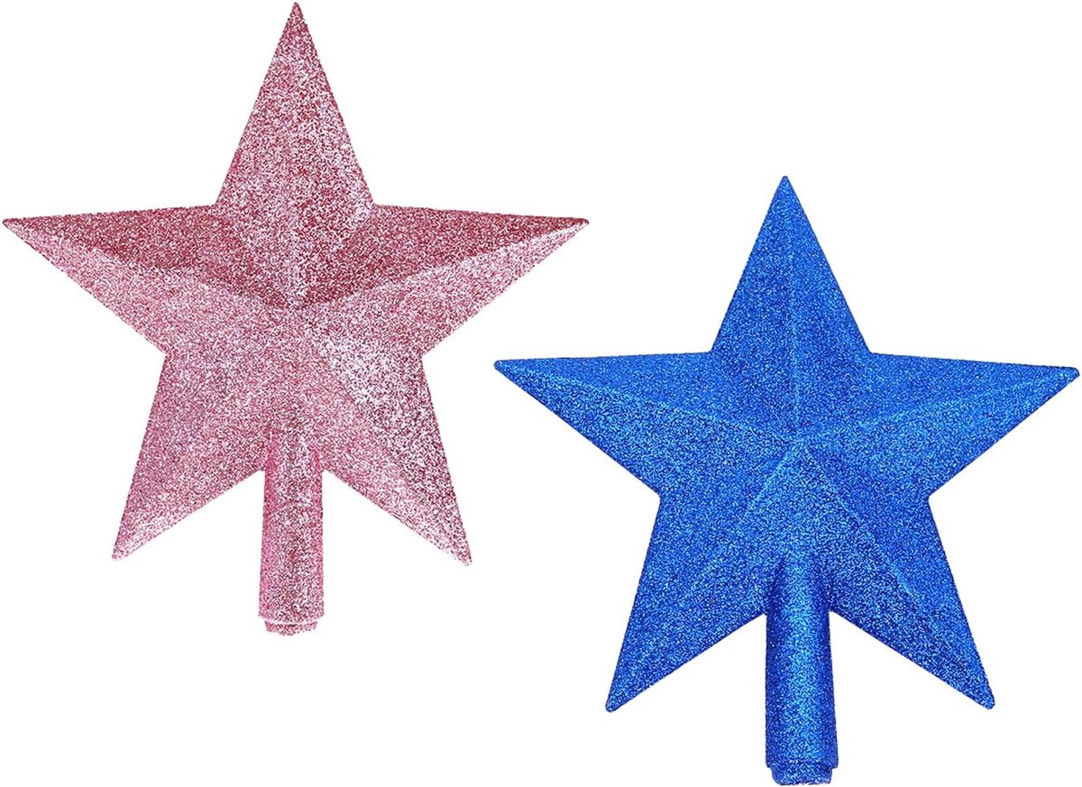 2-pack Vergulde Kleine Kerstboom Topper Kerst Mini Ster Boomtop voor Kleine Kerstboomdecoraties, Blauw en Roze
