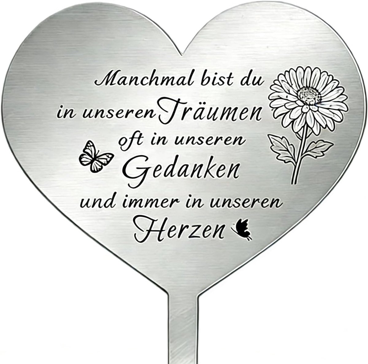 weerbestendig, met gedenkspreuk, grafdecoratie, hart van roestvrij staal, 12 x 18 cm, voor grafdecoratie, een plechtig hommage aan geliefden of huisdieren, zilveren grafsteker
