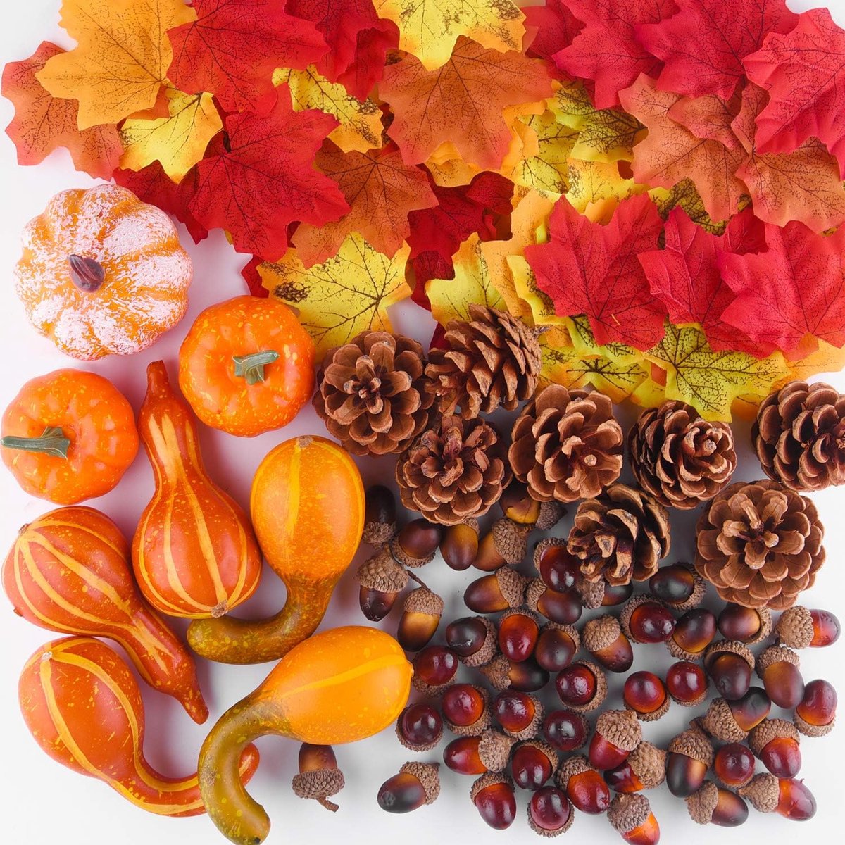 96 stuks herfstige Thanksgiving-decoraties, namaakmini-pompoenen, -dennenappels, -herfstbladeren en -eikels voor feestelijke versiering, herfstversieringkit, Halloween, Thanksgiving, feestartikelen