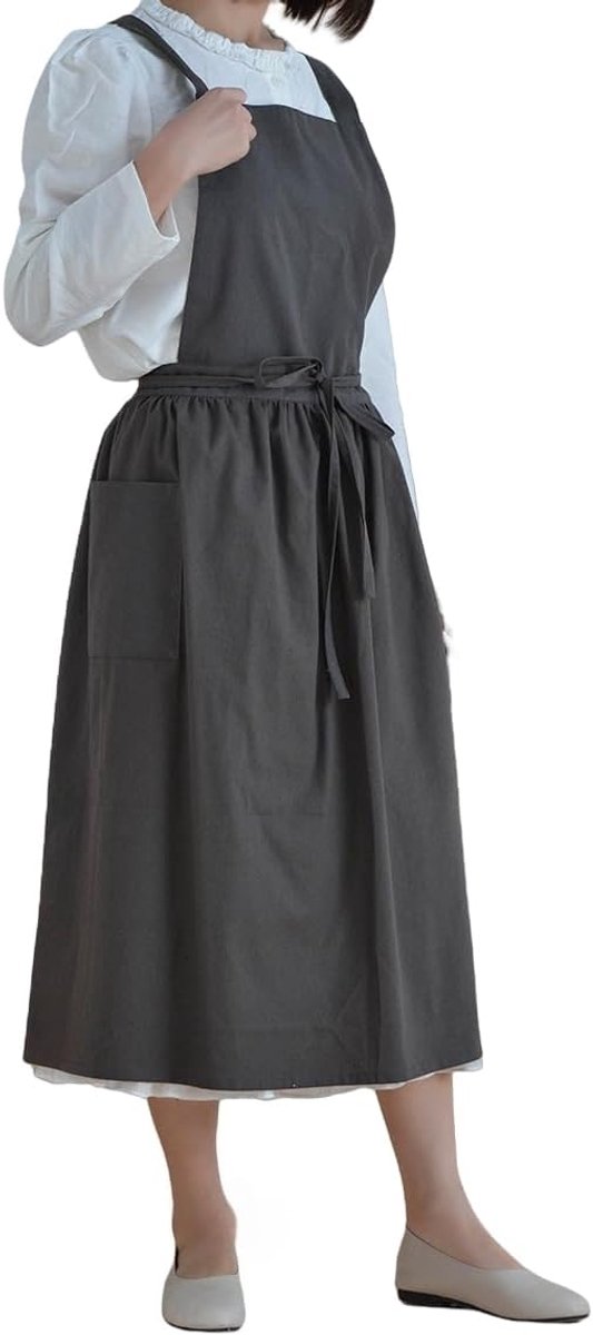 Effen Kleur Overgooier Met Zakken Cross Back Bandjes Casual Bib Schorten Koken Tuinieren Coffee Shop (Grijs-N)