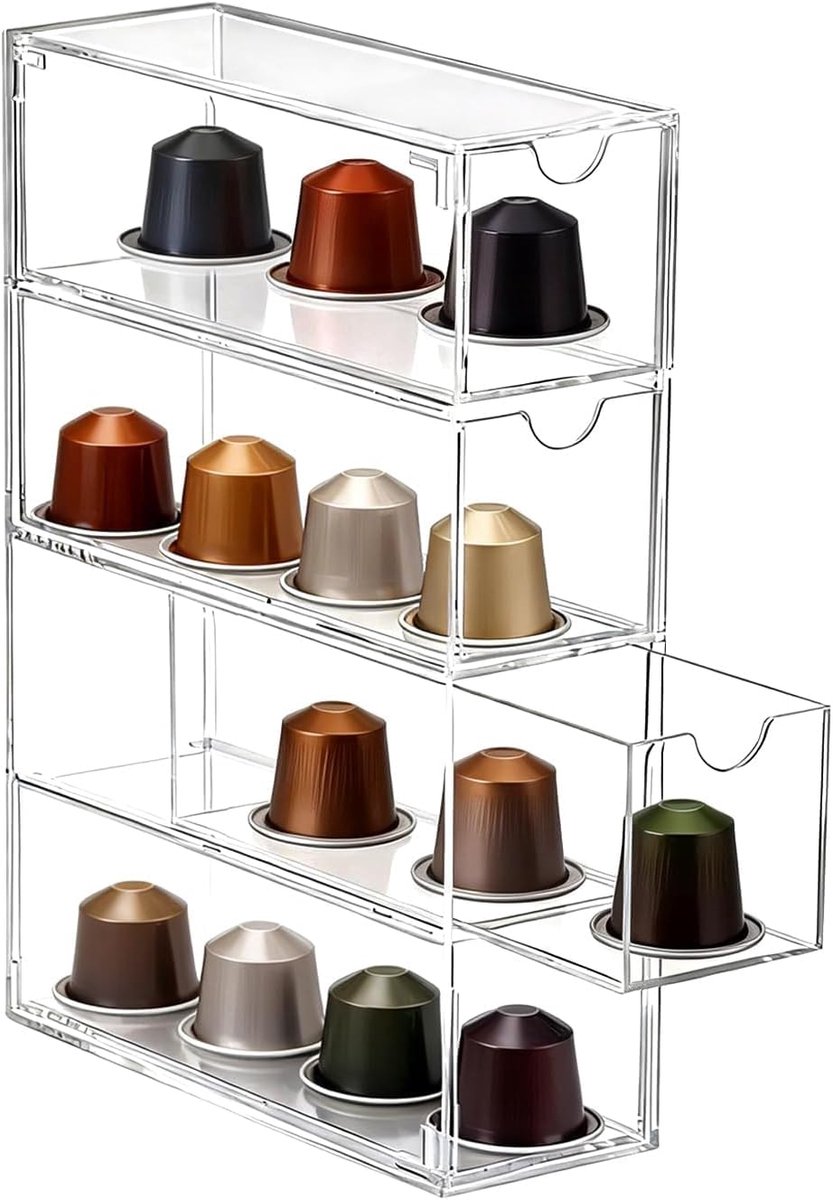 Opberglade voor koffiecapsules, koffiecapsules, opslag met 4 laden, acryl capsulehouder, transparant, capsulebox, organizer voor keuken en kantoor (1 stuk, 17,5 x 6,5 x 24,5 cm)