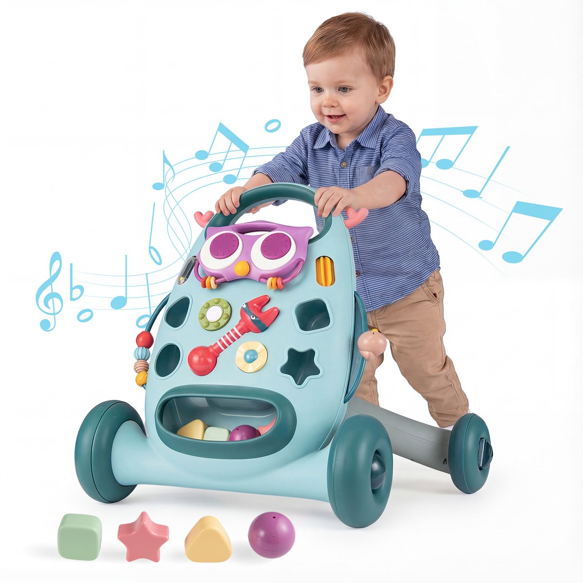 COSTWAY Loopwagen voor baby, loophulp met ovale speler & vormensorteerder, loophulp met rammelaars, kralen en glijdende vogel, loopwagen voor kinderen van 10-36 maanden, blauw